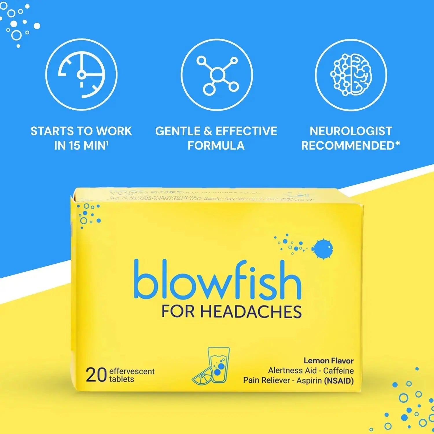 Blowfish for Headaches | Maximum Strength Effervescent Pain Relief Tablets – Treats Headaches Fast, 2X Faster Than Pills – Lemon Flavor (2 Pack) BlowfishAu supplements
