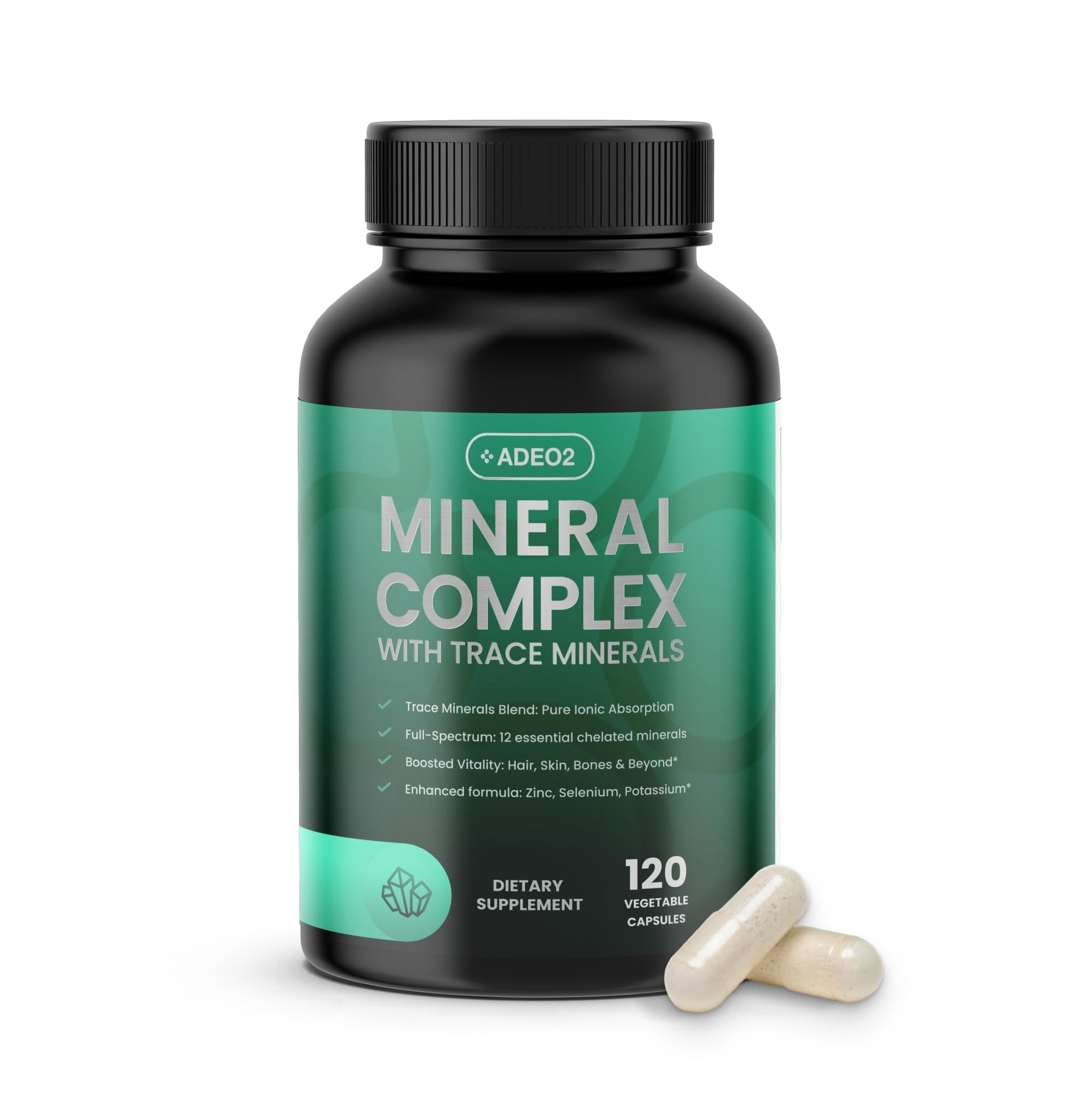 ADEO2 - Premium Blend of 52 Trace Minerals Complex with Essential Minerals in Chelated Form – All Natural and 100% Organic - 120 Capsules - Full Spectrum Ionic Mineral Blend - Safe for Women and Men ADEO2Au supplements
