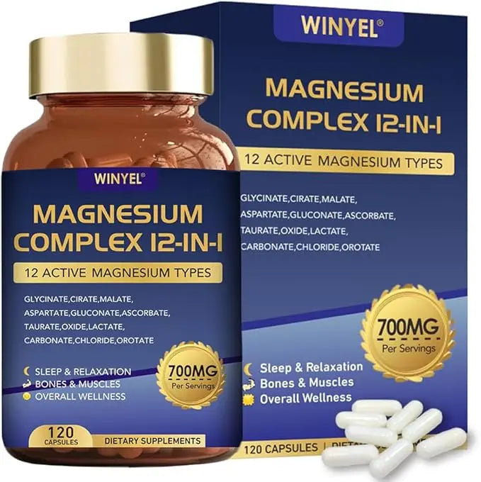 Magnesium Complex 700mg 12 in 1 Magnesium Supplement with Glycinate, Citrate, Malate | Sleep, Calm, Muscle Relaxation, Heart Health Support | Vegan 120 Capsules WINYELAu supplements