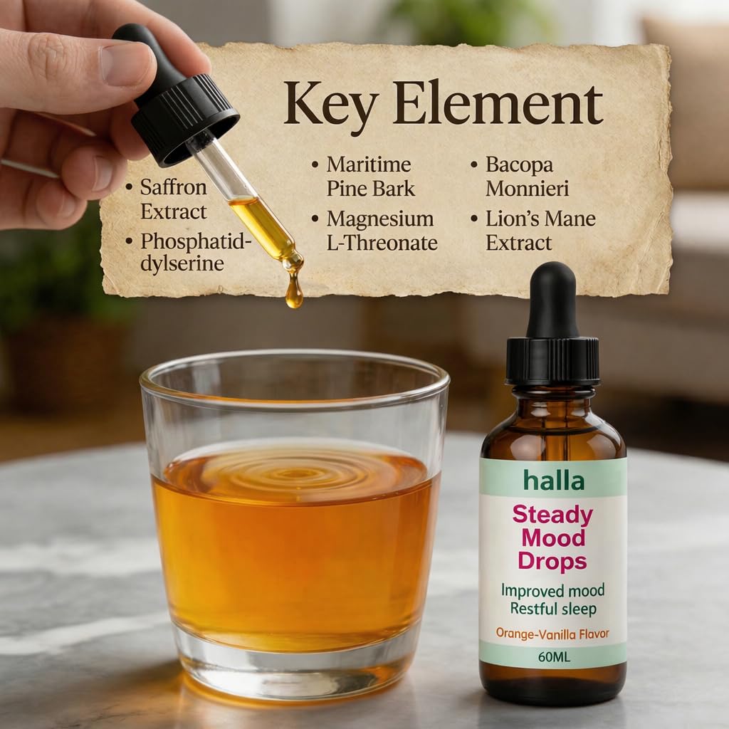 Halla Steady Mood Drops, with Saffron Extract – Fast Absorption Cognitive & Emotional Balance Supplement – Advanced Brain Nutrient Blend – Orange Vanilla Flavor, 2 fl oz DFTLUUEAu supplements