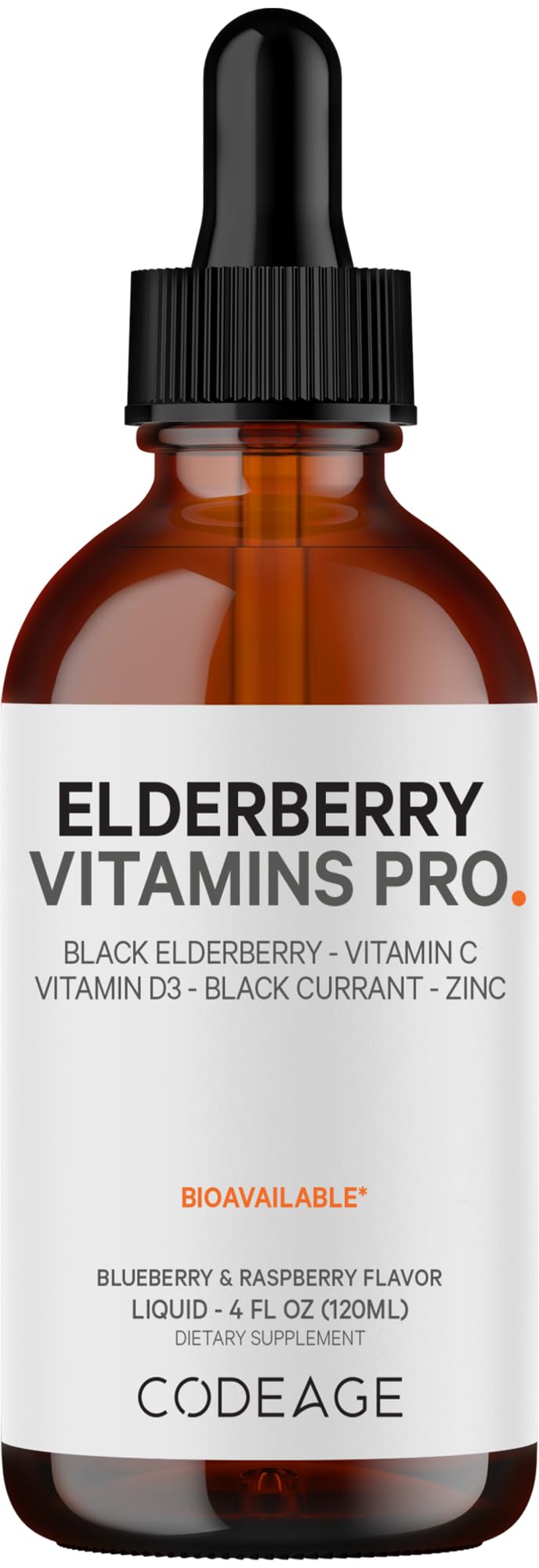 Codeage Elderberry Vitamins Pro - Organic Black Elderberry Liquid Drops - Vitamin C, D3, Zinc, Black Currant - 2-Month Supply - Black Sambucus Liquid - Supplement for Adults & Kids - 4 fl oz CodeageAu supplements