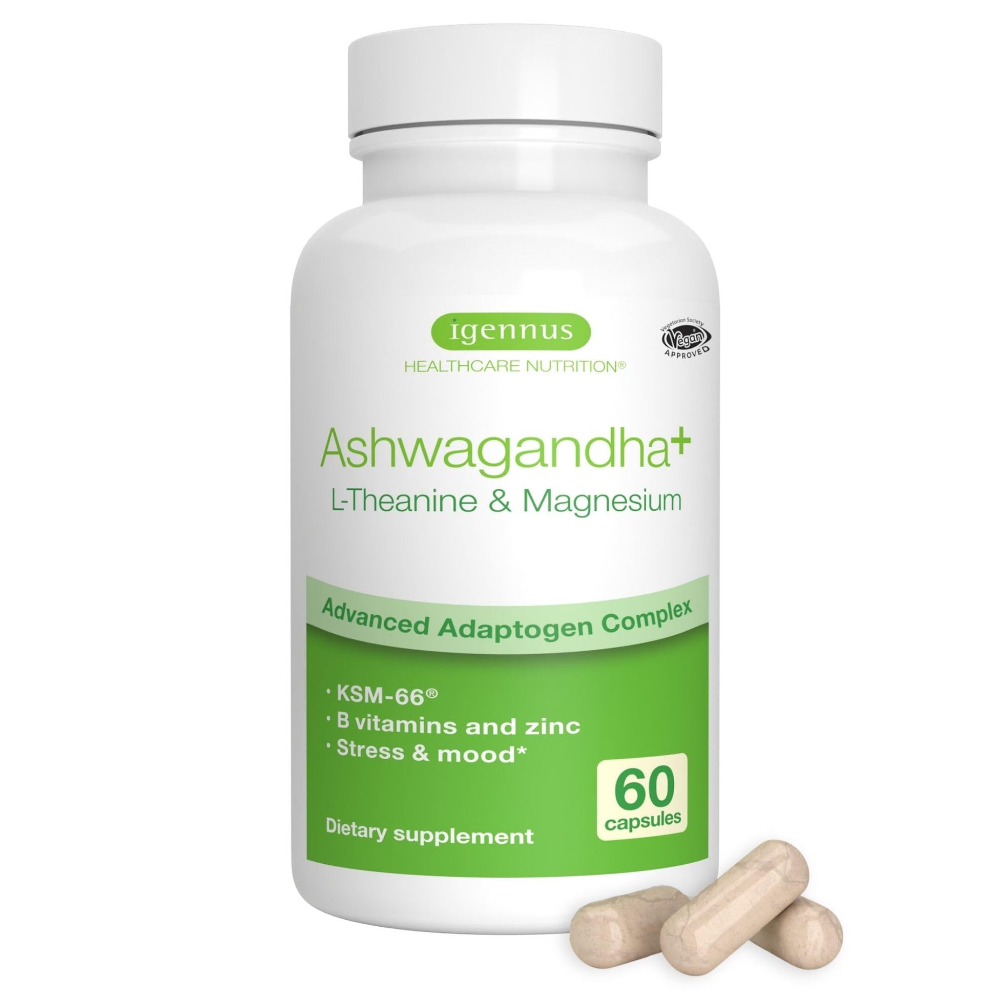 Igennus High Strength Ashwagandha, Magnesium, & L-Theanine Stress Relief Complex, KSM-66 Root Extract Adaptogens, Boosted with Methylfolate, Zinc & Biotin Clean Label, 60 Fast Acting Capsules Igennus Healthcare NutritionAu supplements