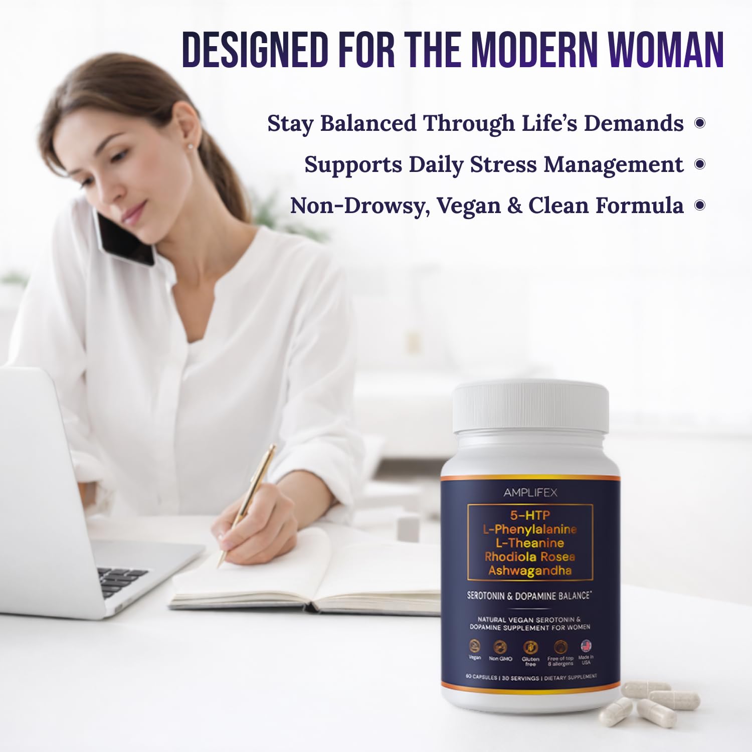 5-HTP Serotonin & Dopamine Support Complex with L-Theanine, L-Phenylalanine, Ashwagandha, Rhodiola B-Vitamins & Adaptogenic Herbal Blend – Mood & Stress Support for Women – Natural Vegan Non GMO AMPLIFEXAu supplements