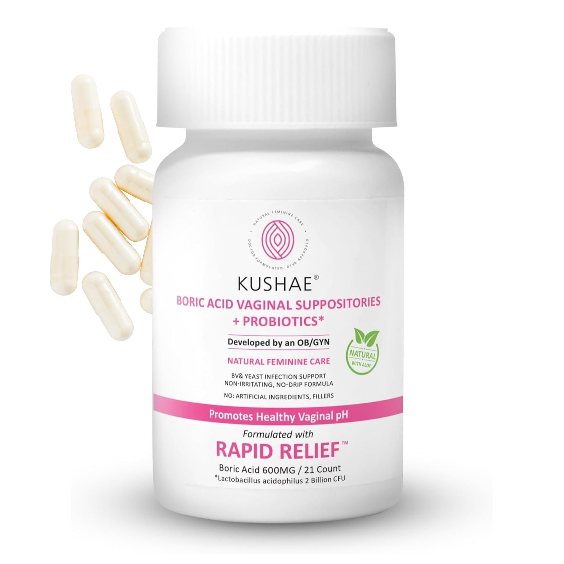 Kushae Boric Acid Suppositories + Rapid Relief, All Natural Female Suppositories with Probiotics & Aloe Vera, Relieves Discomfort & Balances pH Level Bottle Only 21 Capsules KushaeUS supplements