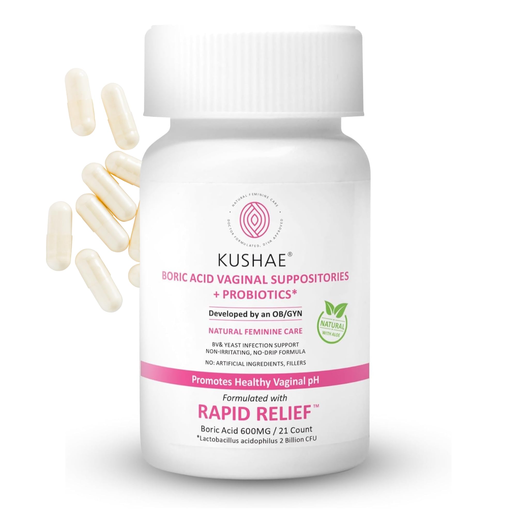 Kushae Boric Acid Suppositories + Rapid Relief, All Natural Female Suppositories with Probiotics & Aloe Vera, Relieves Discomfort & Balances pH Level Bottle Only 21 Capsules KushaeUS supplements