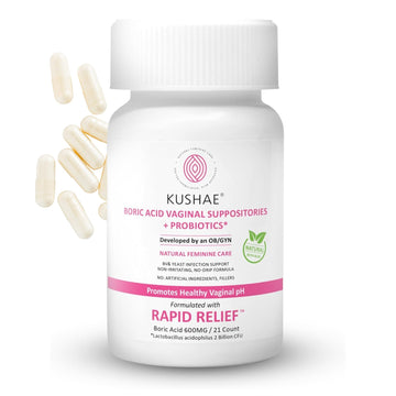 Kushae Boric Acid Suppositories + Rapid Relief, All Natural Female Suppositories with Probiotics & Aloe Vera, Relieves Discomfort & Balances pH Level Bottle Only 21 Capsules KushaeUS supplements