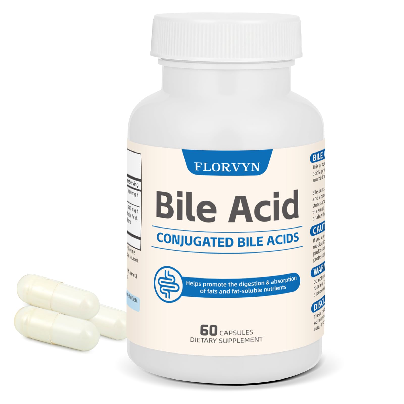 Florvyn Conjugated Bile Acid Supplement 1000mg – Supports Fat Digestion & Absorption of Fats & Fat-Soluble Nutrients, Gut Comfort & Nutrient Utilization, 60 Capsules, 30 Day Supply FlorvynAu supplements
