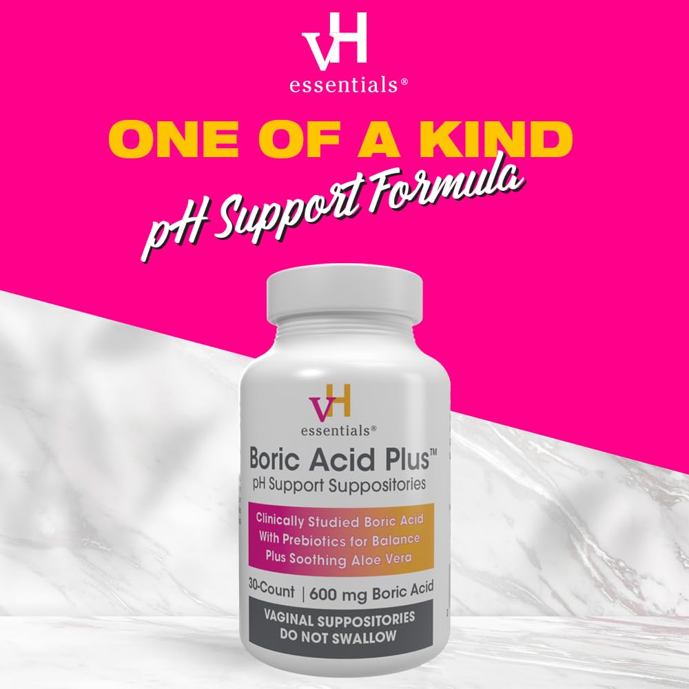 vH Essentials Boric Acid Plus Vaginal Suppositories, Prebiotic Infused with Soothing Aloe Vera, pH Support Formula Fights Odor and Promotes Freshness, 600mg Boric Acid, 30 Count vH essentialsUS supplements