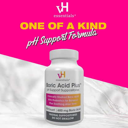 vH Essentials Boric Acid Plus Vaginal Suppositories, Prebiotic Infused with Soothing Aloe Vera, pH Support Formula Fights Odor and Promotes Freshness, 600mg Boric Acid, 30 Count vH essentialsUS supplements