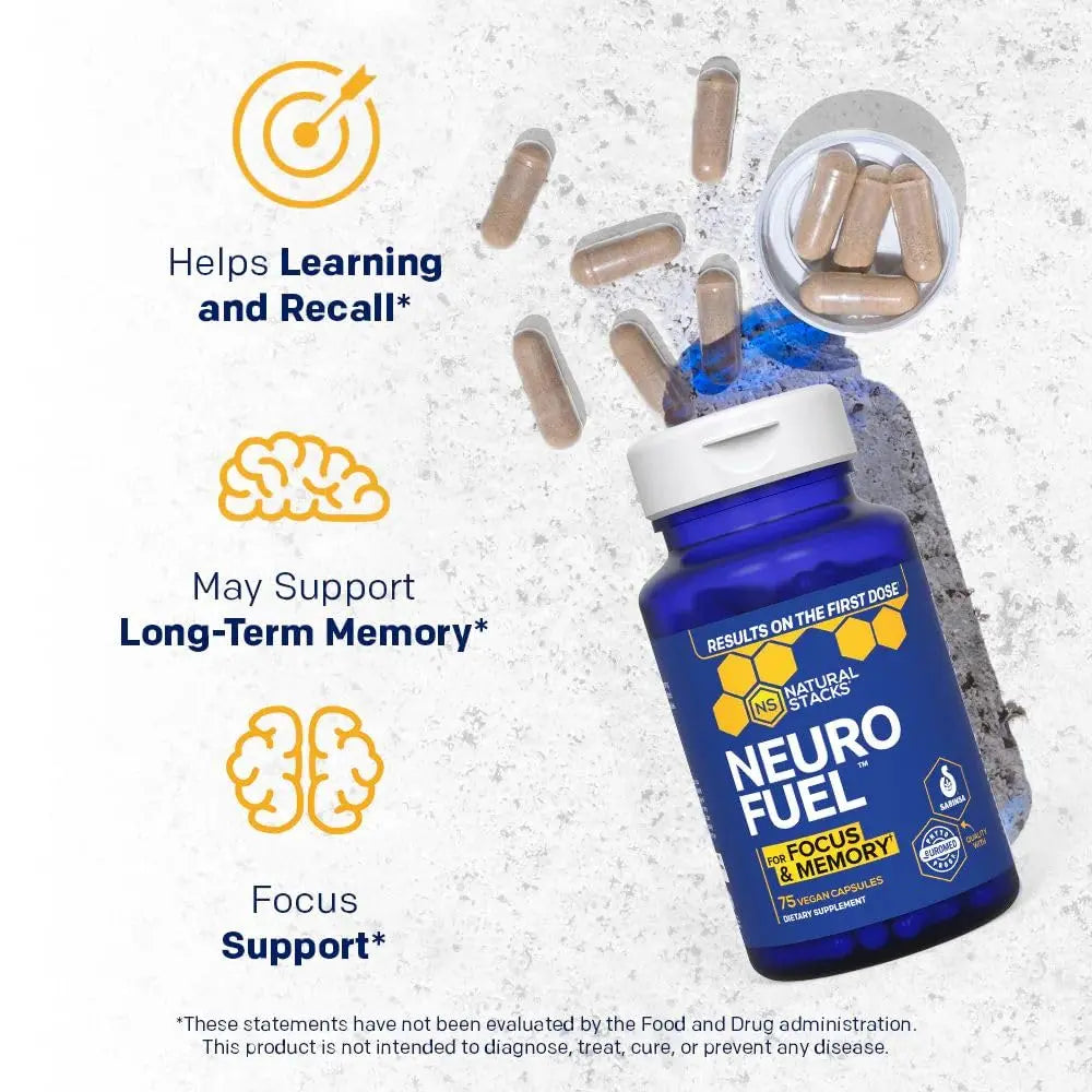 NATURAL STACKS Original NeuroFuel Nootropic Brain Support Supplement - 750mg L-Carnitine & 500mg L-Phenylalanine - Brain Supplement for Memory and Focus* - 75 Focus Pills NATURAL STACKSAu supplements