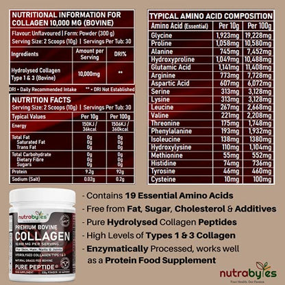 Pure Hydrolysed Collagen Powder 10000mg Bovine Type 1 & 3 Unflavoured|High Strength Protein Peptides for Women & Men NUTRABYTESUS supplements