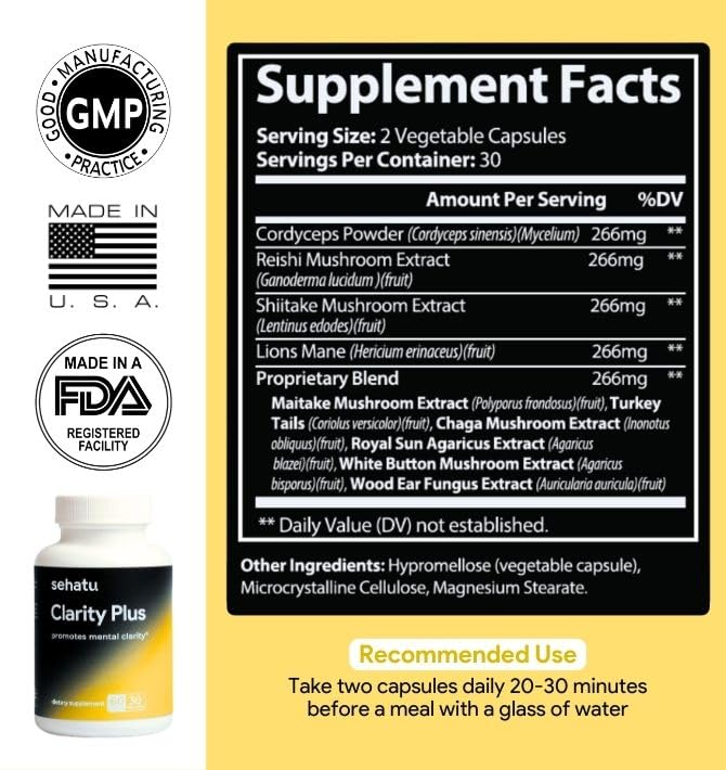 SEHATU Clarity Plus Cognitive Wellness Supplement | Packed with 10 Powerful Adaptogenic Mushrooms | Clear Brain Fog and Support Mental Clarity | 60 Count | 30 Day Supply SEHATUAu supplements