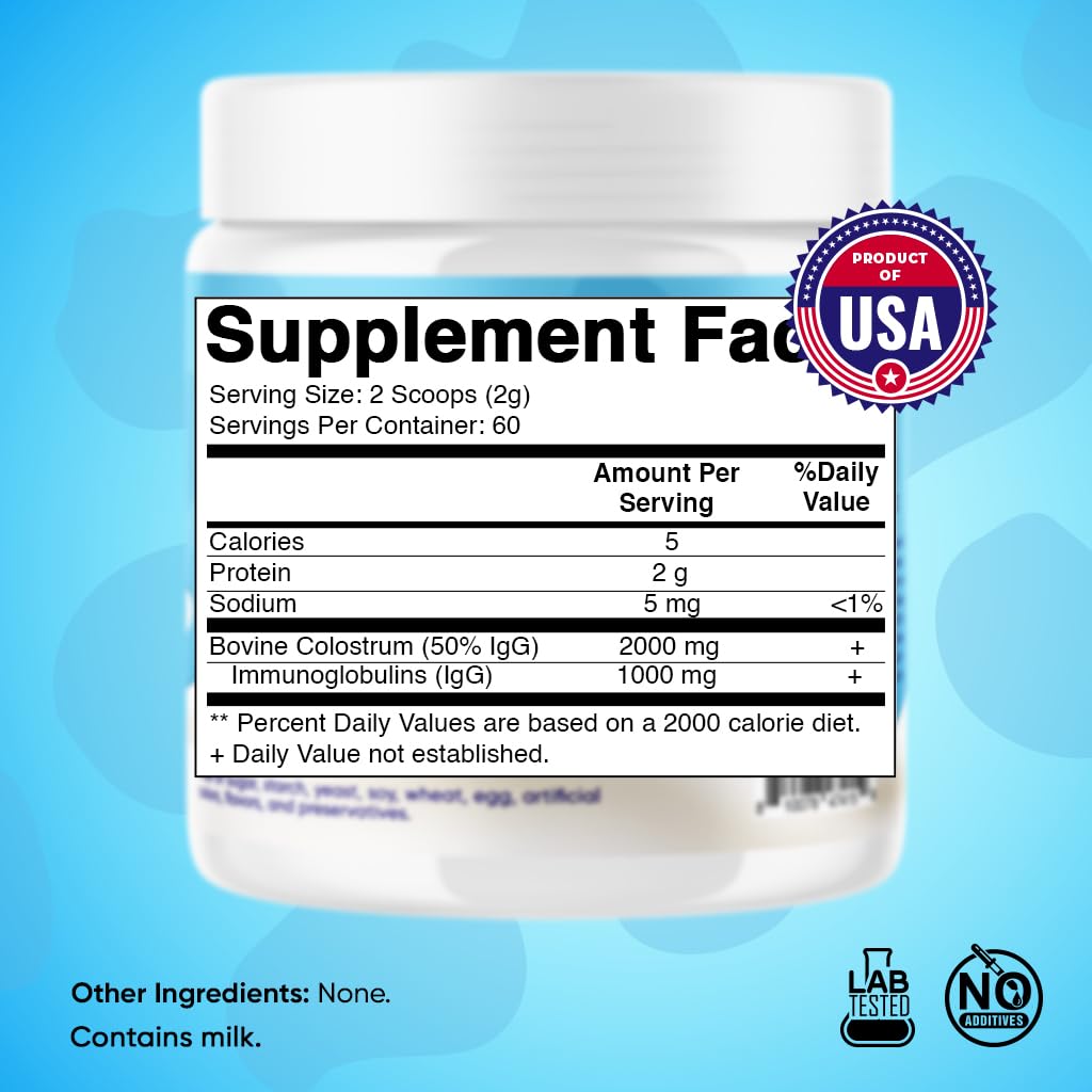 Vitamatic Bovine Colostrum Powder - 50% Highest IgG -120 Gram - Supplement for Gut Health, Hair Growth, Beauty, Muscle Recovery, & Immune Support - Easy to Mix - Unflavored - 60 Servings VitamaticAu supplements