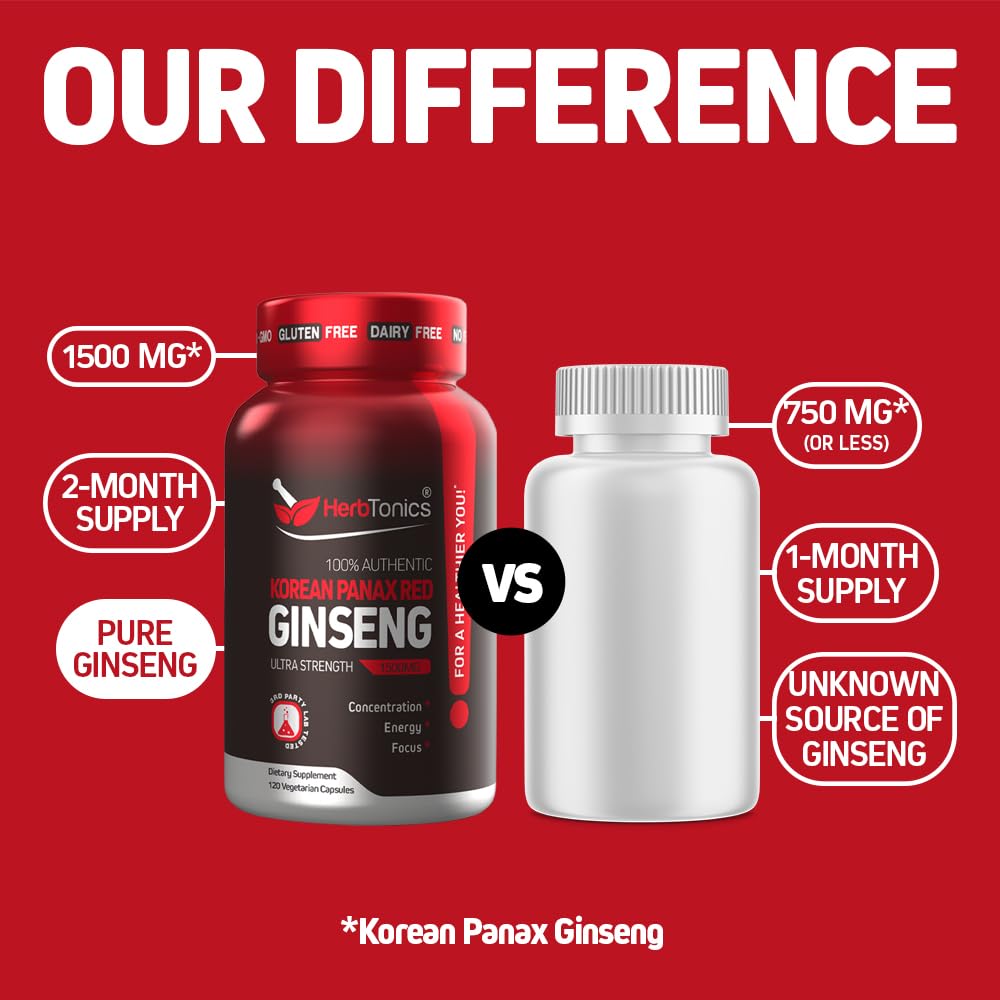Herbtonics Korean Red Panax Ginseng 1500mg - Energy Supplement for Peak Performance, Focus & Vitality - High Potency Ginseng Root Extract - 240 Vegan Capsules HerbtonicsAu supplements