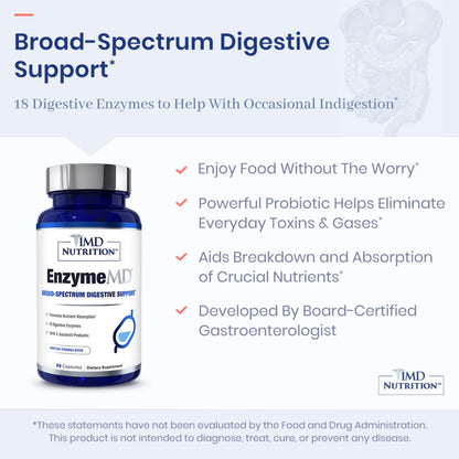 1MD Nutrition EnzymeMD - Digestive Enzymes Supplement - Doctor Formulated | 18 Plant-Based Enzymes - Gas & Bloating Support | 60 Capsules 1MD NutritionUS supplements