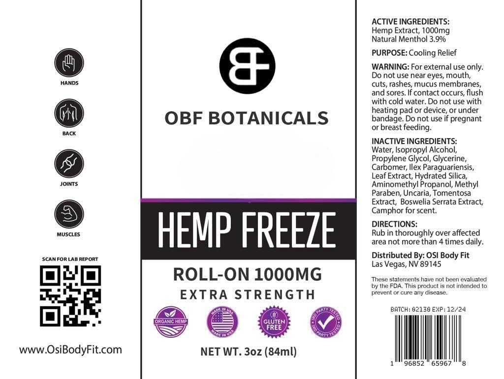 OBF Botanicals Hemp Roll On 3 Oz Instant Effect Topical Pain Relief Hemp Extract and Menthol Concentrated Roll On for Aching Muscles, Joint Relief, Ligaments - 1000mg OBF BotanicalsAu supplements