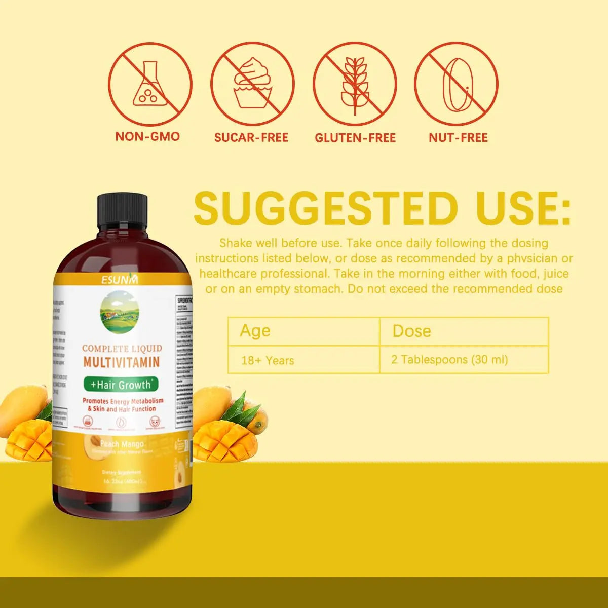 ESUNM Complete Liquid Multivitamin + Hair Growth, Promotes Energy Metabolism& Skin and Hair Function| Vitamin C D | B Vitamins | ESUNMAu supplements