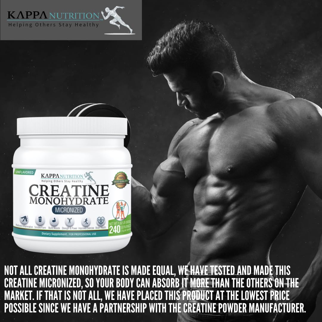 Kappa Nutrition Creatine Monohydrate Powder, Pure Amino Acid Formula, Supports Muscle Strength, Cellular Energy & Mental Focus* Gluten-Free, Keto, 2.25g per Scoop, 240 Servings, Net Wt. 1.32 LB (600g) KAPPA NUTRITIONAu supplements