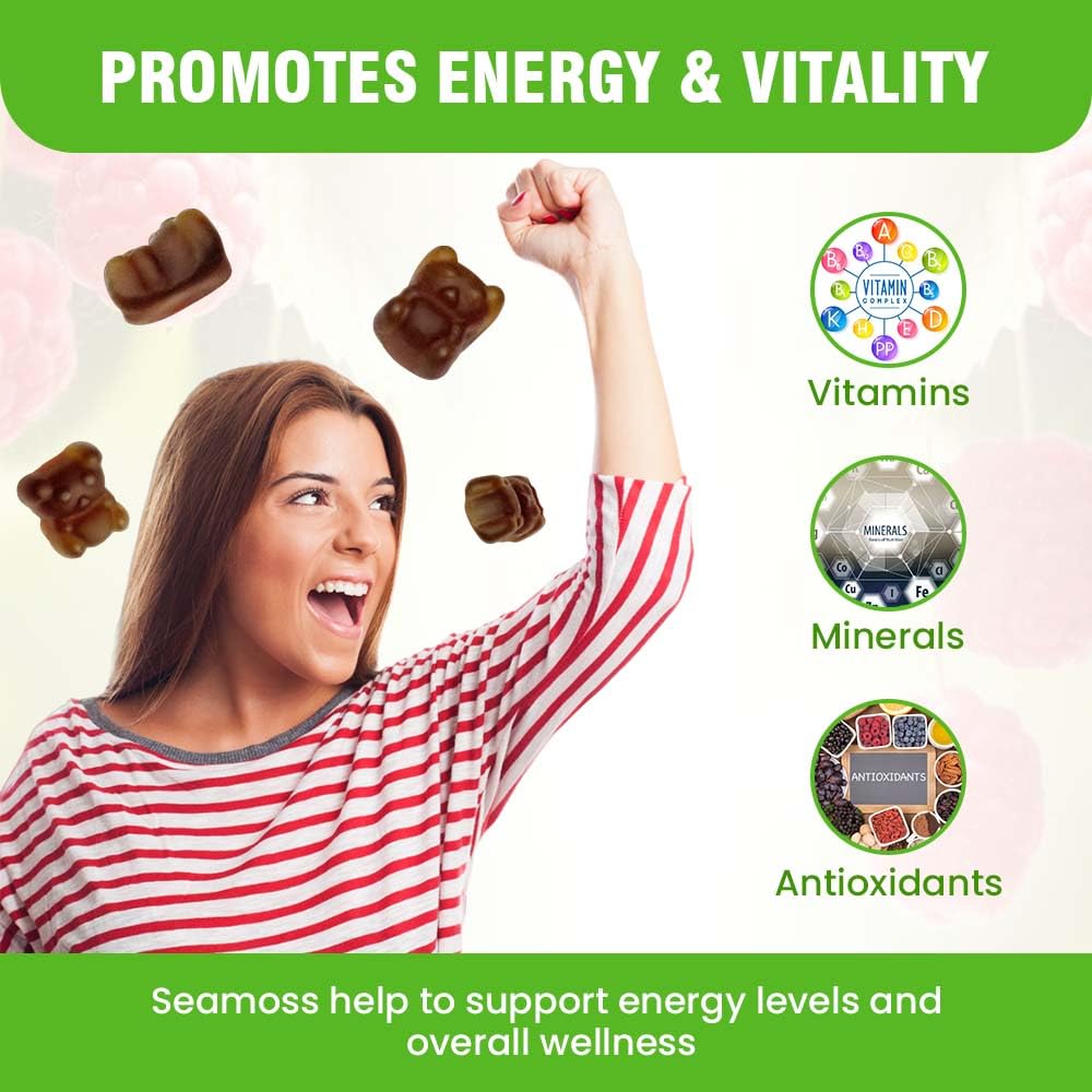 Safrel Irish Sea Moss Gummies 3000mg with Bladderwrack and Burdock Root, Thyroid Energy and Immune Support, Vegan Raspberry Flavor, 60 Gummies SafrelAu supplements
