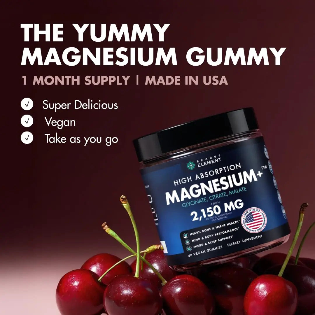 Magnesium Gummies 3in1 - Glycinate, Citrat, Malate 2150 MG High Absorption Supplement, Sugar-Free, Vegan, Chews for Men & Women, Inspired by Wellness Traditions Like Arjuna, 60 Gummies, Cherry Flavor Secret Elementnz supplements