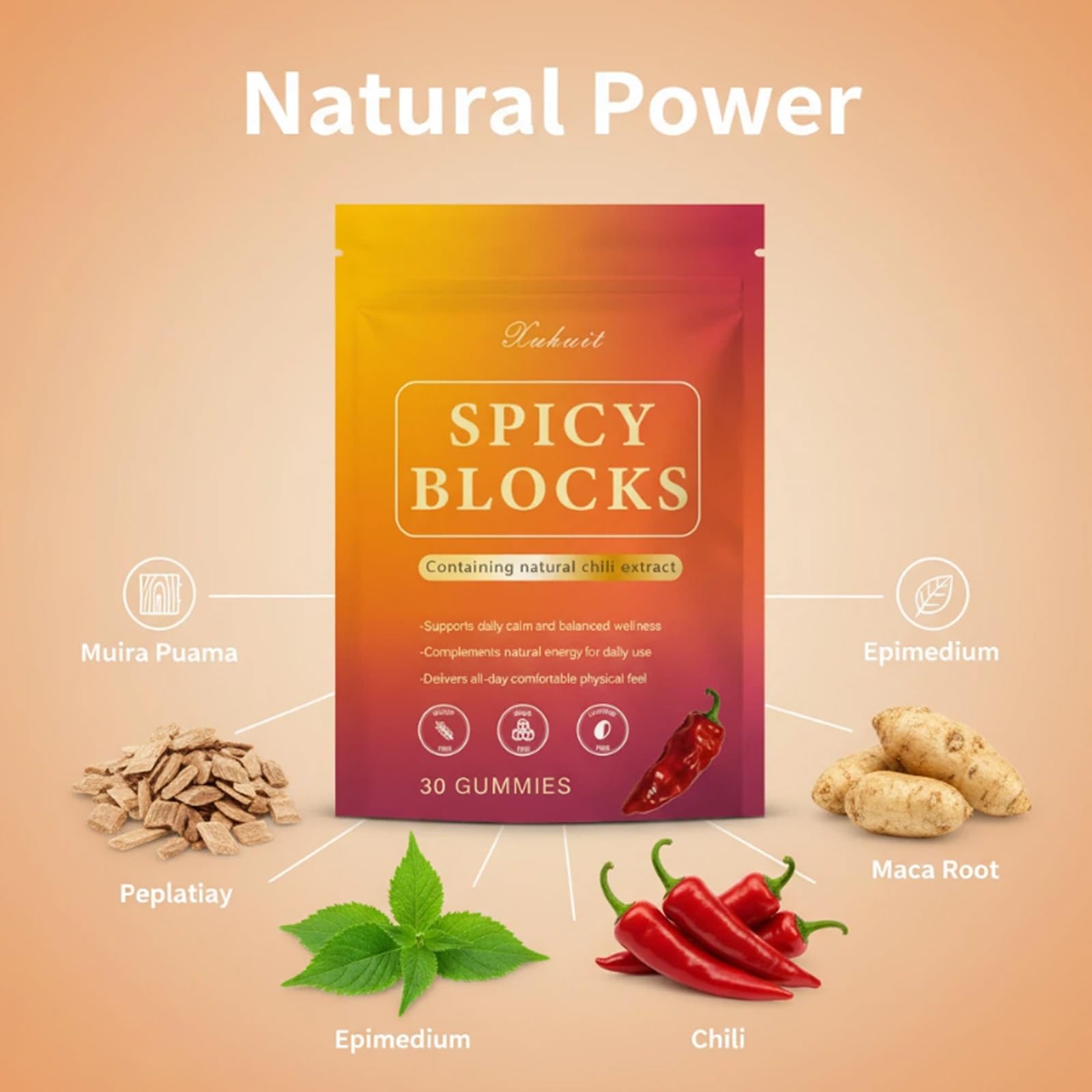 Spicy Blocks for Couples-with Chili Pepper , Maca Root & Epimedium Extract | Supports Emotional Warmth & Daily Comfort | Peach Flavor, Mild Spicy Kick, Vegan-Friendly, No Artificial Additives (1) PBZPBZAu supplements