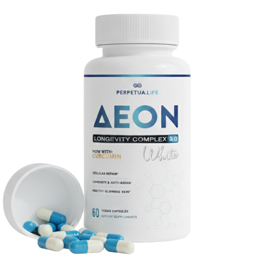 PERPETUA.LIFE AEON Longevity Complex White, Supplement with Curcumin, NMN (Nicotinamide Mononucleotide), AKG, Glycine & Taurine, Supports Healthy Aging, Energy & Immune System, Vegan, 60 Capsules PERPETUA.LIFEAu supplements