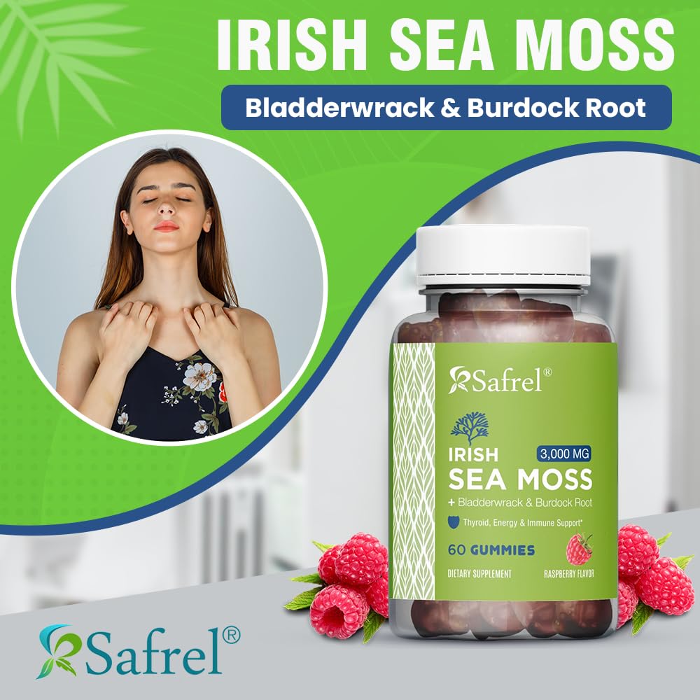 Safrel Irish Sea Moss Gummies 3000mg with Bladderwrack and Burdock Root, Thyroid Energy and Immune Support, Vegan Raspberry Flavor, 60 Gummies SafrelAu supplements