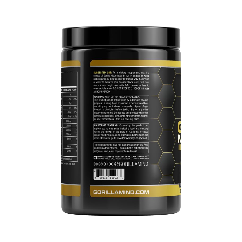Gorilla Mode Base Pre Workout - Raises Nitric Oxide · Intense Focus & Drive · Endurance Gorilla MindUS supplements