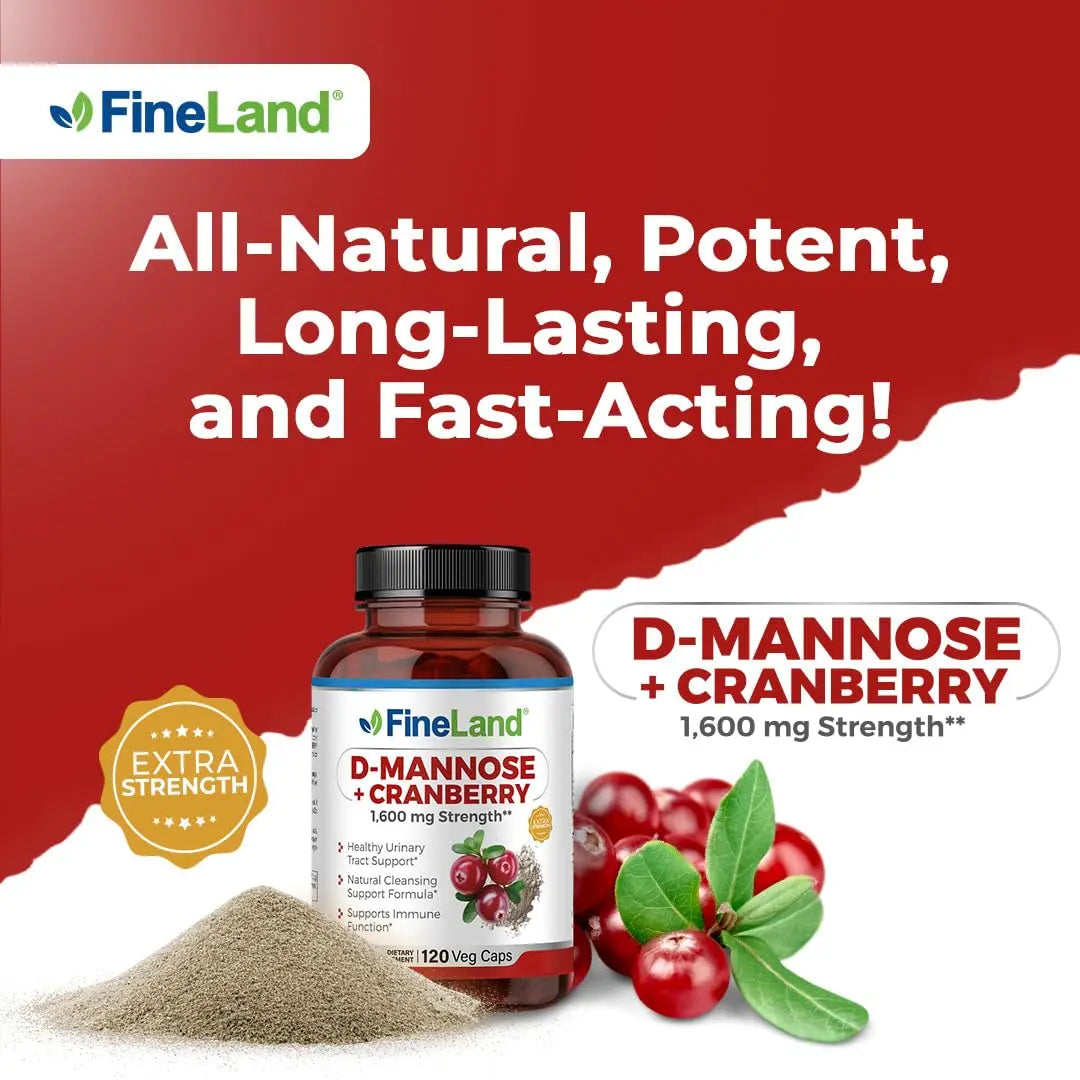 FineLand D-Mannose + Cranberry – 1600mg per Serving – 120 Vegan Capsules – Urinary Tract & Bladder Health Support – Non-GMO, Gluten-Free, Made in USA FineLandAu supplements