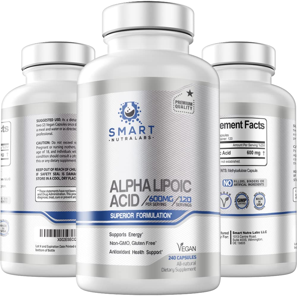 Alpha Lipoic Acid 600mg Per Serving, 240 Vegan Capsules- Gluten Free SMART NUTRA LABSUS supplements