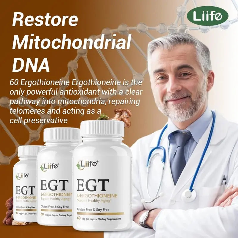 LIIFE L-Ergothioneine Supplement (EGT) 30mg,Compound Antioxidant Supplement (May Support Longevity and Healthy Aging) Promotes Skin Health，60 Capsules，Non-GMO, Gluten Free, Vegan Safe LIIFEnz supplements