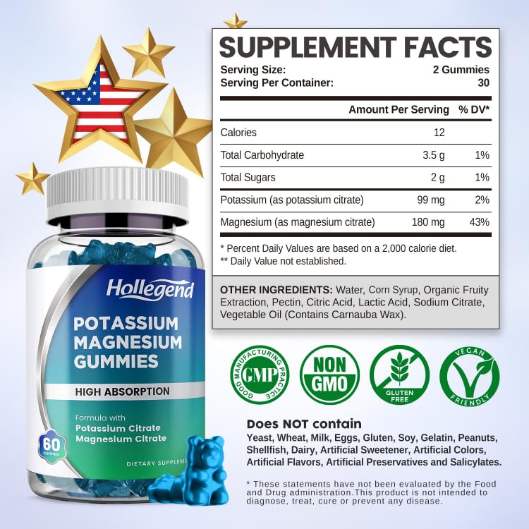 HOLLEGEND Potassium Magnesium Gummies, High Absorption Potassium Citrate 99mg Magnesium Citrate 180mg, Chewable Gummy Supplements for Leg Cramps & Muscle, 60 Count HOLLEGENDAu supplements