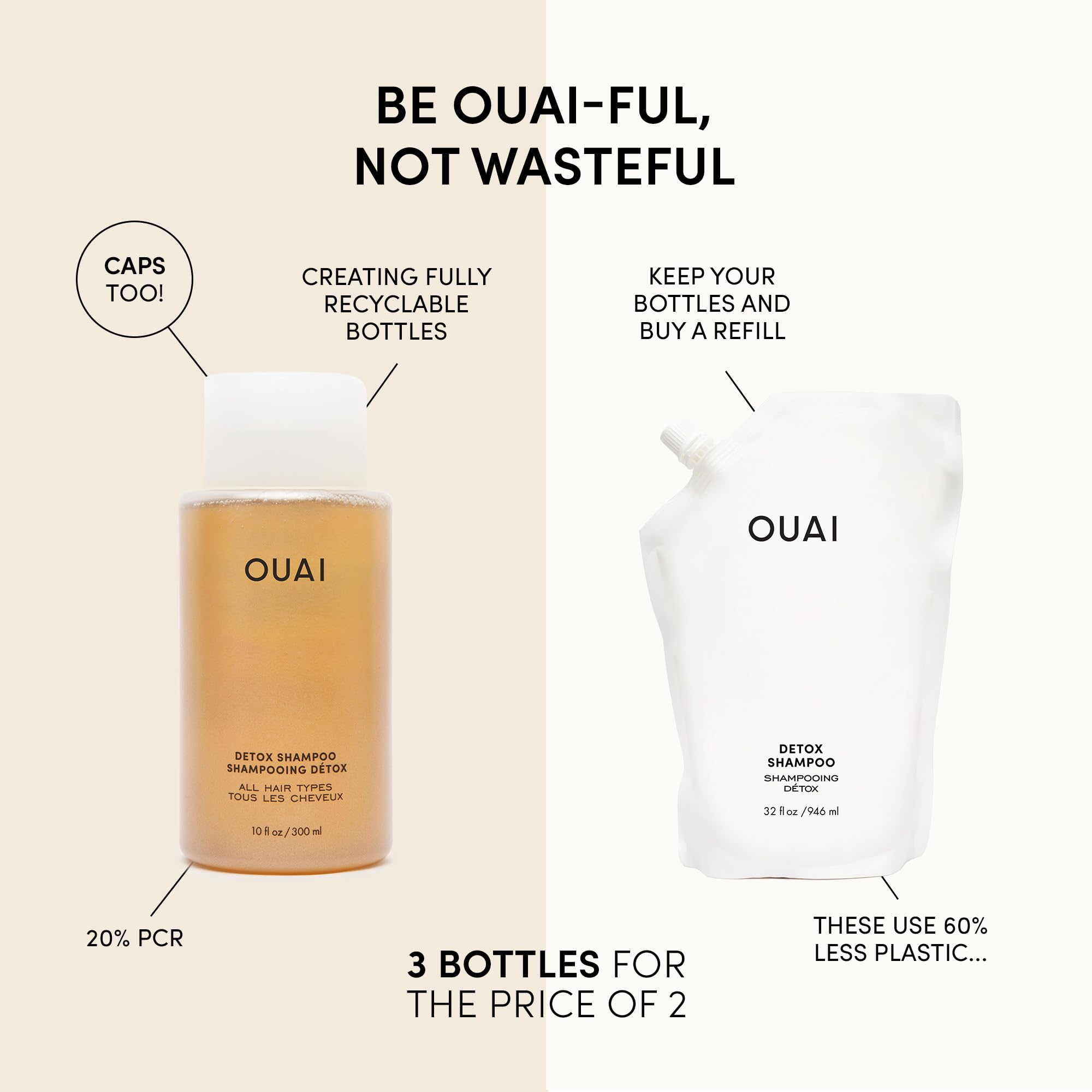 OUAI Detox Shampoo + Refill - Clarifying Shampoo for Build Up, Oil, Product & Hard Water - Apple Cider Vinegar & Keratin for Clean, Refreshed Hair - Sulfate Free Hair Care (2 Count, 10 Oz/32 Oz) OUAIAu supplements