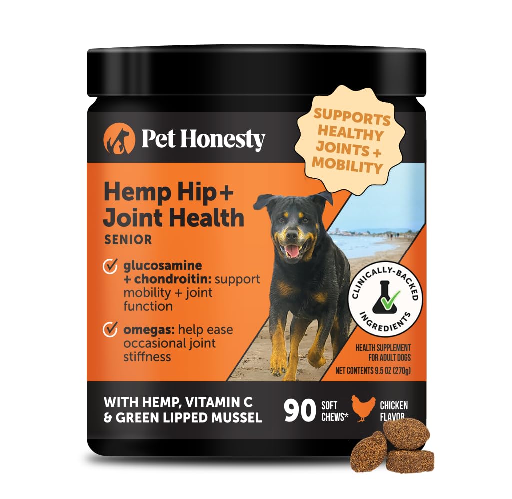 Senior Hemp Hip and Joint Supplement for Dogs - Glucosamine Chondroitin, MSM & Green Lipped Mussel - Relief for Joint Stiffness, Advanced Strength Mobility Support for Senior Dogs (Chicken, 90 Ct) Pet HonestyAu supplements