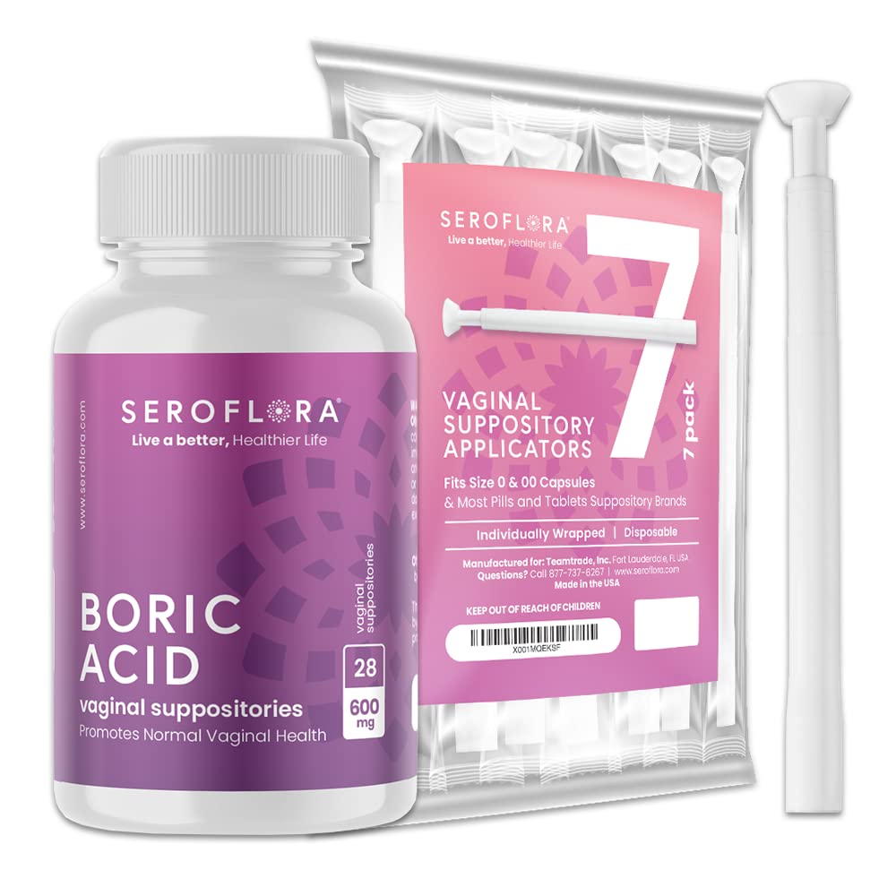 Seroflora Boric Acid Vaginal Suppositories 600mg – 30 Count with 7 Applicators for Odor Control & pH Balance Feminine Hygiene Support, Natural Intimate Care, Made in USA SEROVERAUS supplements