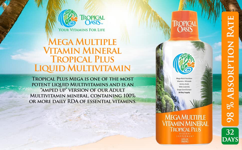 Tropical Oasis Mega Plus - Liquid Multivitamin and Mineral Supplement – Includes 85 Vitamins & Minerals, 20 Amino Acids + CoQ10, Grape Seed Extract & Organic Aloe Vera - 32oz, 32 Servings, 33460 Tropical OasisAu supplements
