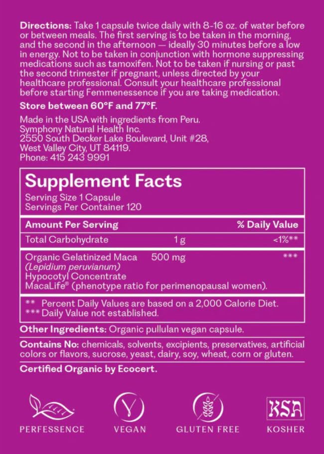 Femmenessence® MacaLife® – Clinically Proven Perimenopausal Organic Vegan Supplement for Natural Hormone Balance, Symptom Relief, Heart & Mood Support (120 Capsules, 60 Day Supply) Natural Health InternationalAu supplements