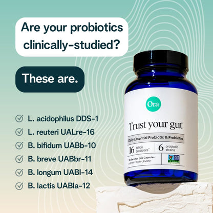 Ora Organic Probiotics with Prebiotics for Digestive Health 16 Billion CFU - Trust Your Gut - Strains - Acidophilus Lactobacillus Breve Bifidum Lactis Ora OrganicUS supplements