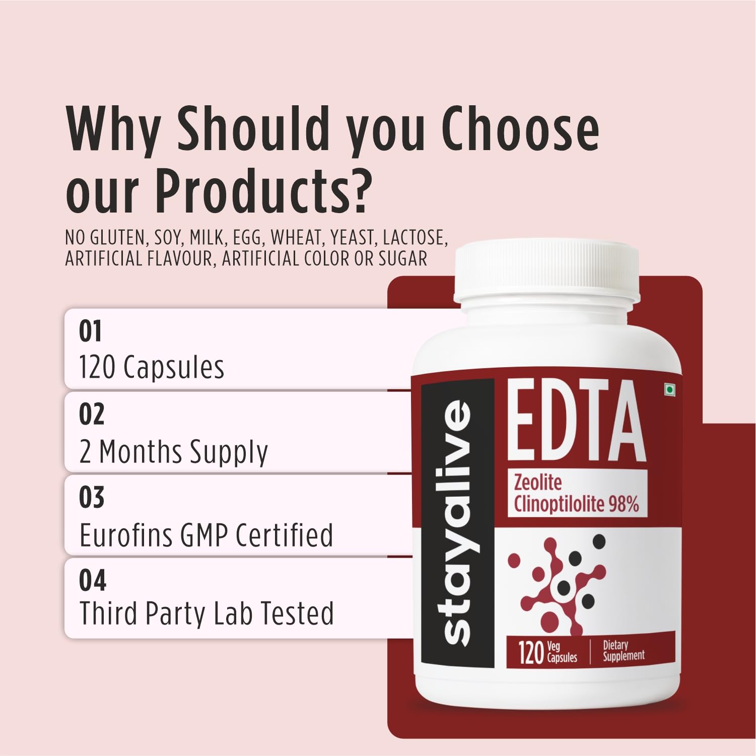 STAY ALIVE EDTA Capsules 1500mg with Zeolite 98% and Kale Extract Powder, 120 Pills, Non-GMO & Gluten Free Calcium Disodium EDTA Supplement STAY ALIVEAu supplements