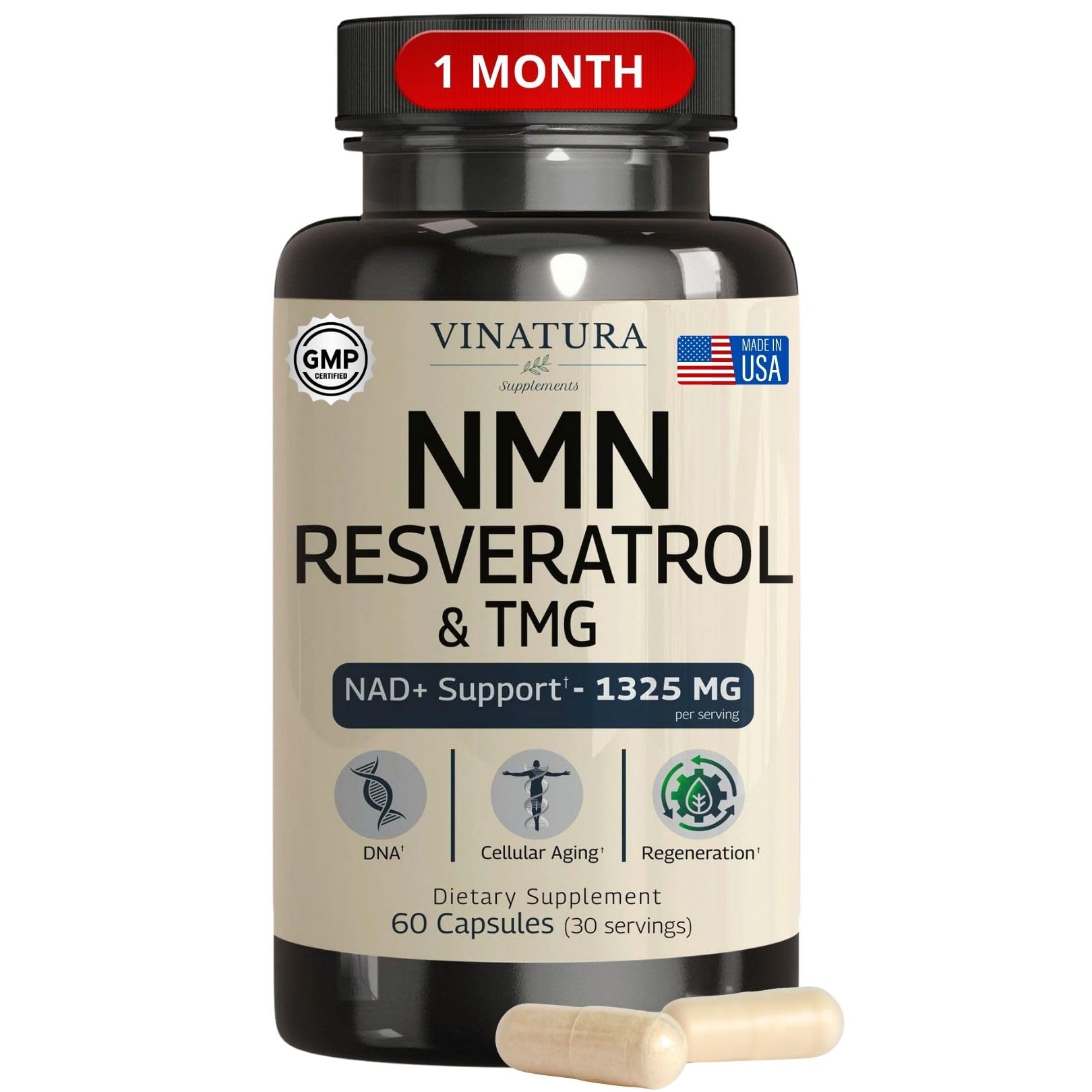 VINATURA NMN Complex Supplement 1325MG - NMN 1000mg with Resveratrol and TMG, Support NAD+, 60 Capsules VINATURAAu supplements