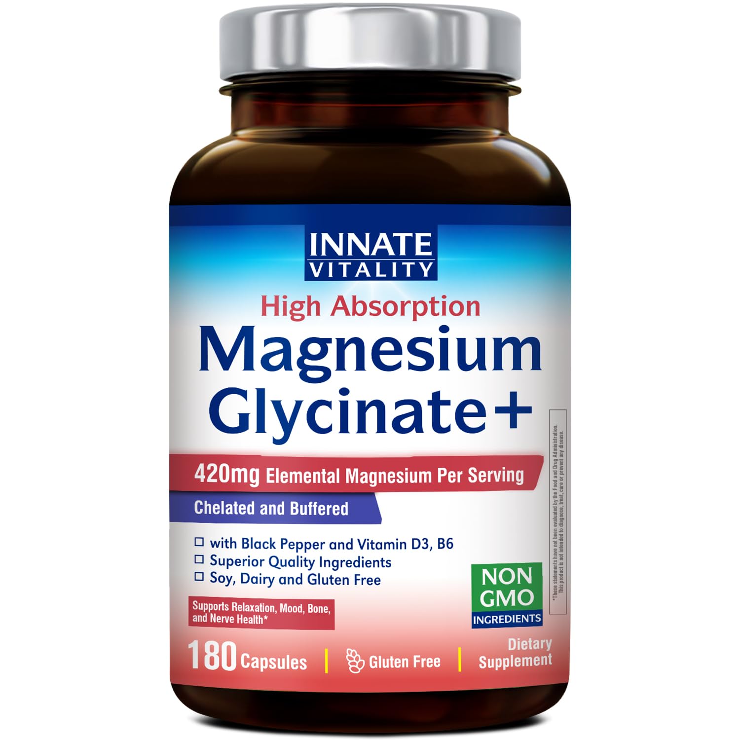 Innate Vitality Magnesium Glycinate Complex, 420mg Elemental Magnesium Per Serving, Enhanced Absorption, Black Pepper, Vitamin D3 & B6, Sleep Mood Bone Nerve Support, 180 Caps Innate VitalityAu supplements