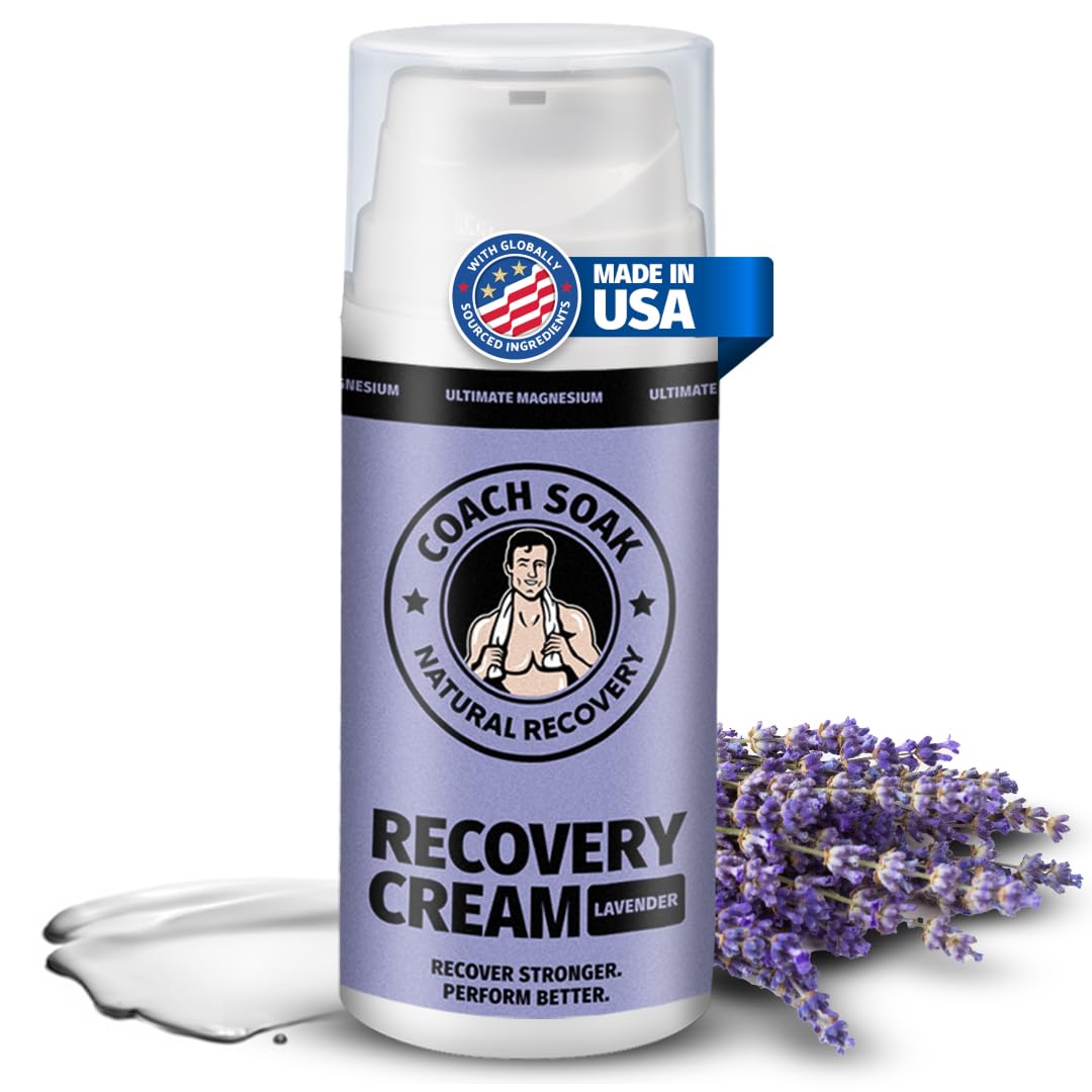Coach Soak Magnesium Cream with MSM in Pump Bottle - Natural Recovery Cream with Magnesium Chloride & Menthol - Fast-Absorbing for Muscles & Joints, Lavender 3.4oz Coach SoakAu supplements