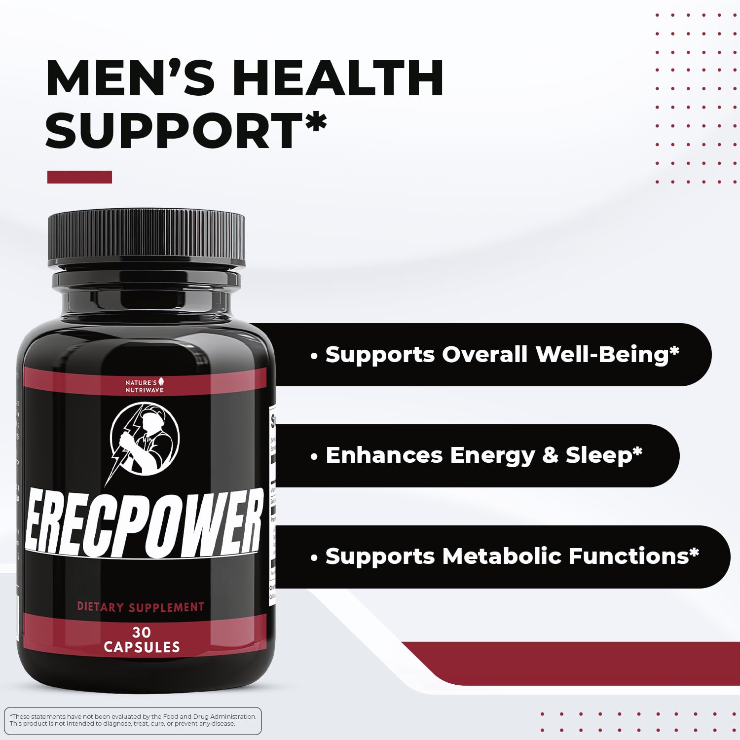 Nature’s NutriWave ErecPower – 100% Natural Men’s Wellness Supplement with Niacin, Zinc & Herbal Blend - Made in USA – 30 Capsules, 3 Month Supply Nature’s NutriWaveAu supplements