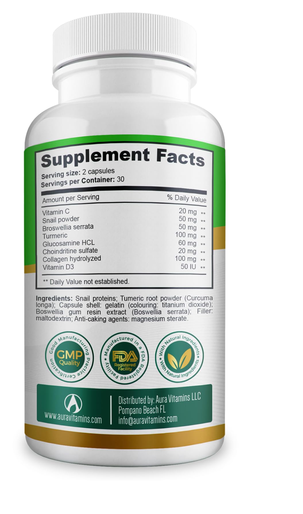 AURA VITAMINS REGEMAX regenerates and Helps Alleviate Joint discomfort Supplement, Snail Protein, Boswellia Serrata, and Turmeric – 60 Caps. (2) AURA VITAMINSAu supplements