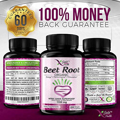 Organic Beet Root Powder 1350mg 200 Veggie caps Superfood Nitric Oxide Strongest X Gold HealthUS supplements