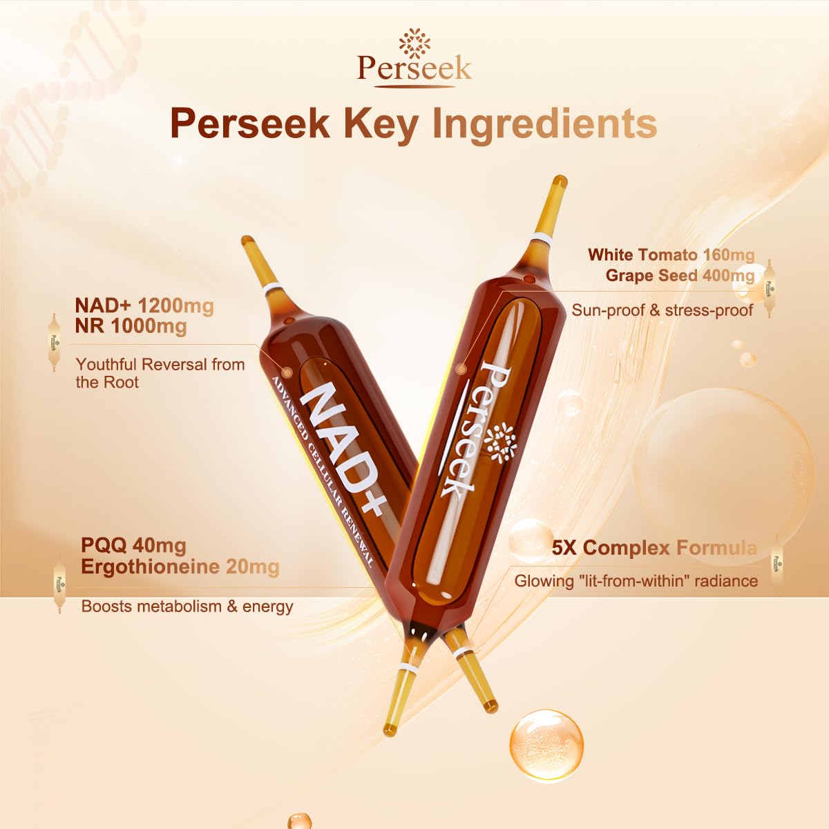 Perseek NAD+ 1200mg Liquid Supplement with Nicotinamide Riboside, PQQ & Grape Seed Extract for Cellular Vitality, Energy Metabolism & Antioxidant Support – 10 Liquid Vials PerseekAu supplements