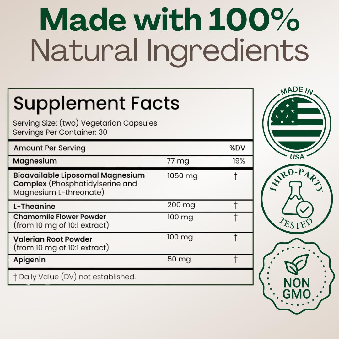 MAGPLUS+ Magnesium L-Threonate w Apigenin & L Theanine | 7-Ingredient Sleep Blend | Brain, Memory, & Sleep Support | Liposomal Magnesium Threonate Supplement (60 Capsules) Plus+UltraAu supplements