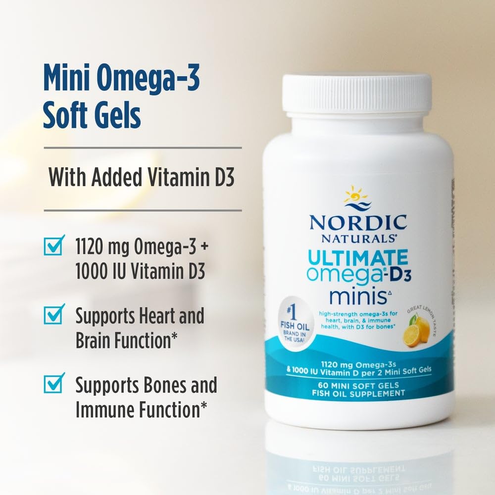 Nordic Naturals Ultimate Omega Mini D3, Lemon Flavor - 60 Mini Soft Gels - 1120 mg Omega-3 + 1000 IU Vitamin D3 - EPA & DHA - Promotes Brain & Heart Health - 30 Servings Nordic NaturalsAu supplements