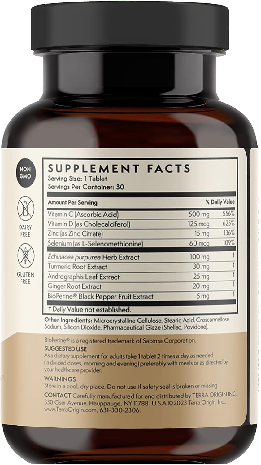 TERRA ORIGIN Immune Support Supplement | 60 Tablets | Immune System Booster for Adults* | BioPerine, Vitamin C, D, Zinc, Echinacea | Non GMO, Gluten Free, Dairy Free, Made in USA TERRA ORIGINAu supplements