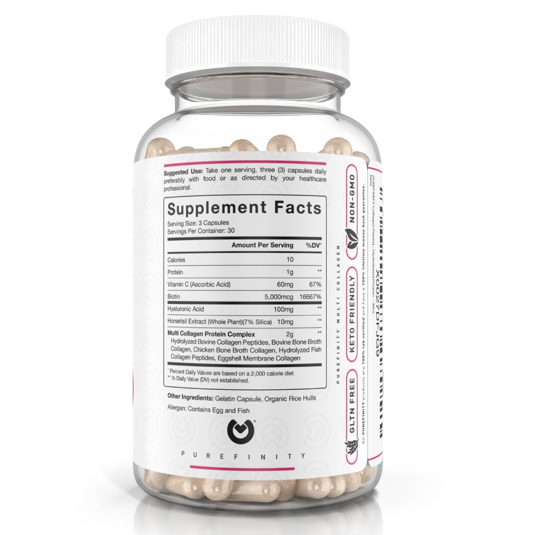 PUREFINITY Collagen Peptides for Women – Type I, II, III, V & X with Biotin & Hyaluronic Acid, Supports Healthy Skin, Bones, Hair & Nails – Non-GMO, Grass-Fed (90 Capsules, 1 Month Supply) PUREFINITYAu supplements